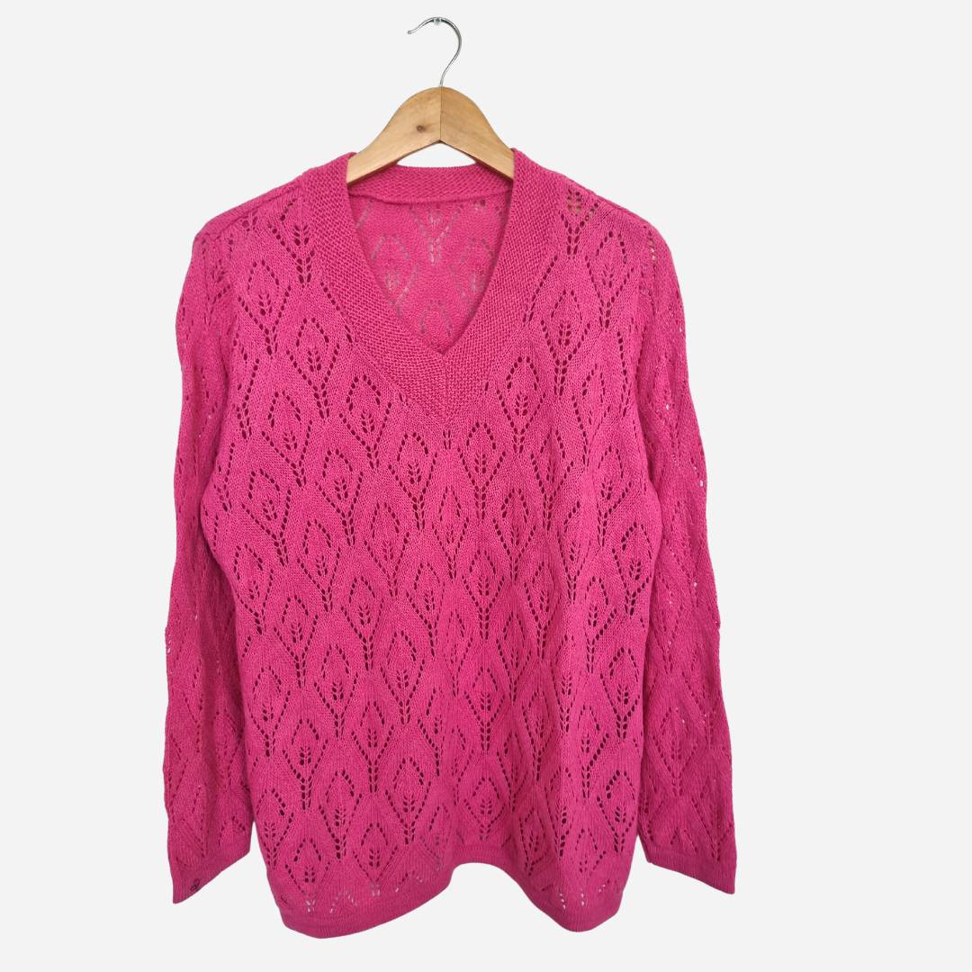 Sweater Mujer Calado Fucsia Cuello V Talla Única