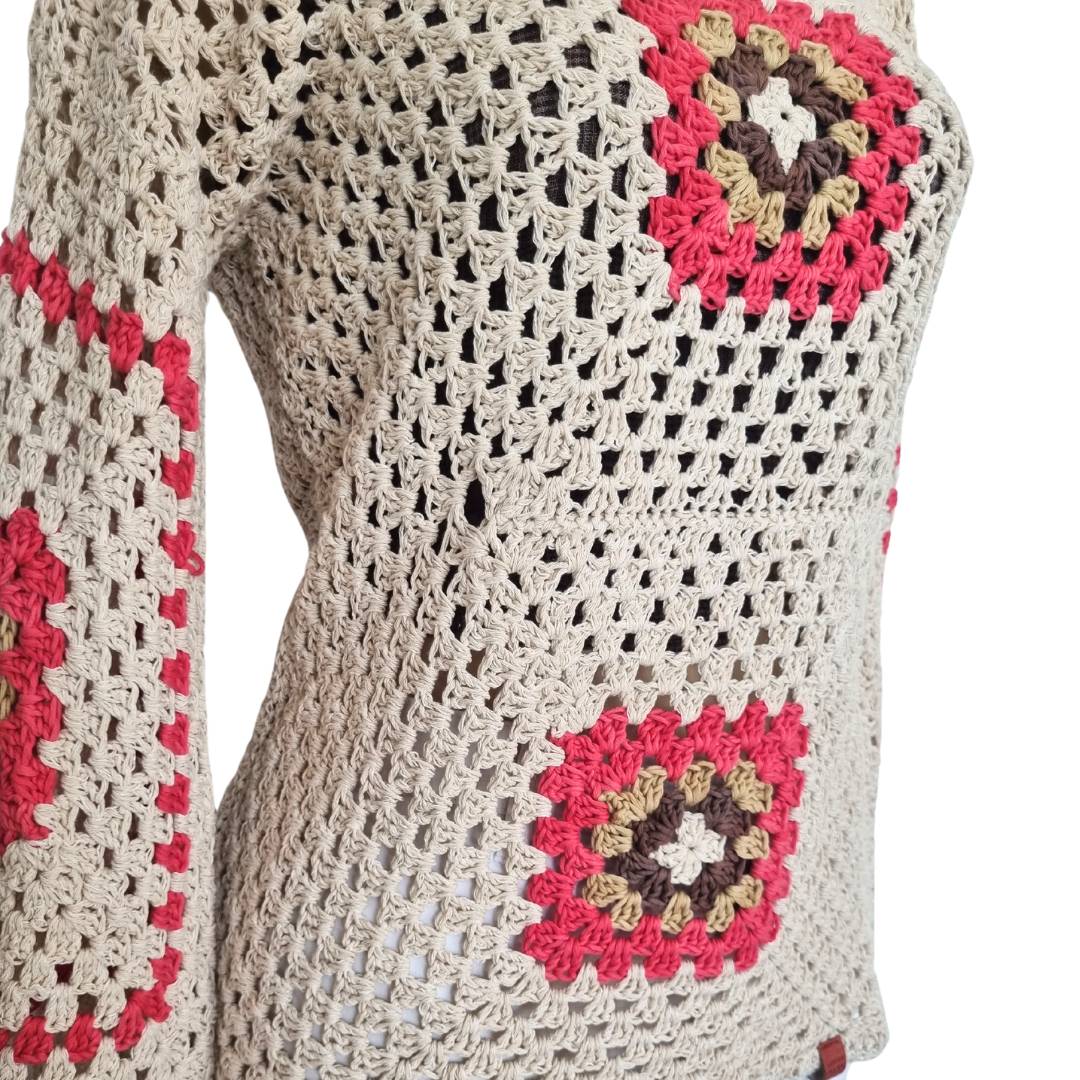 Chaleco Mujer Cuadros Crudo Cuello Bote Tejido a Mano