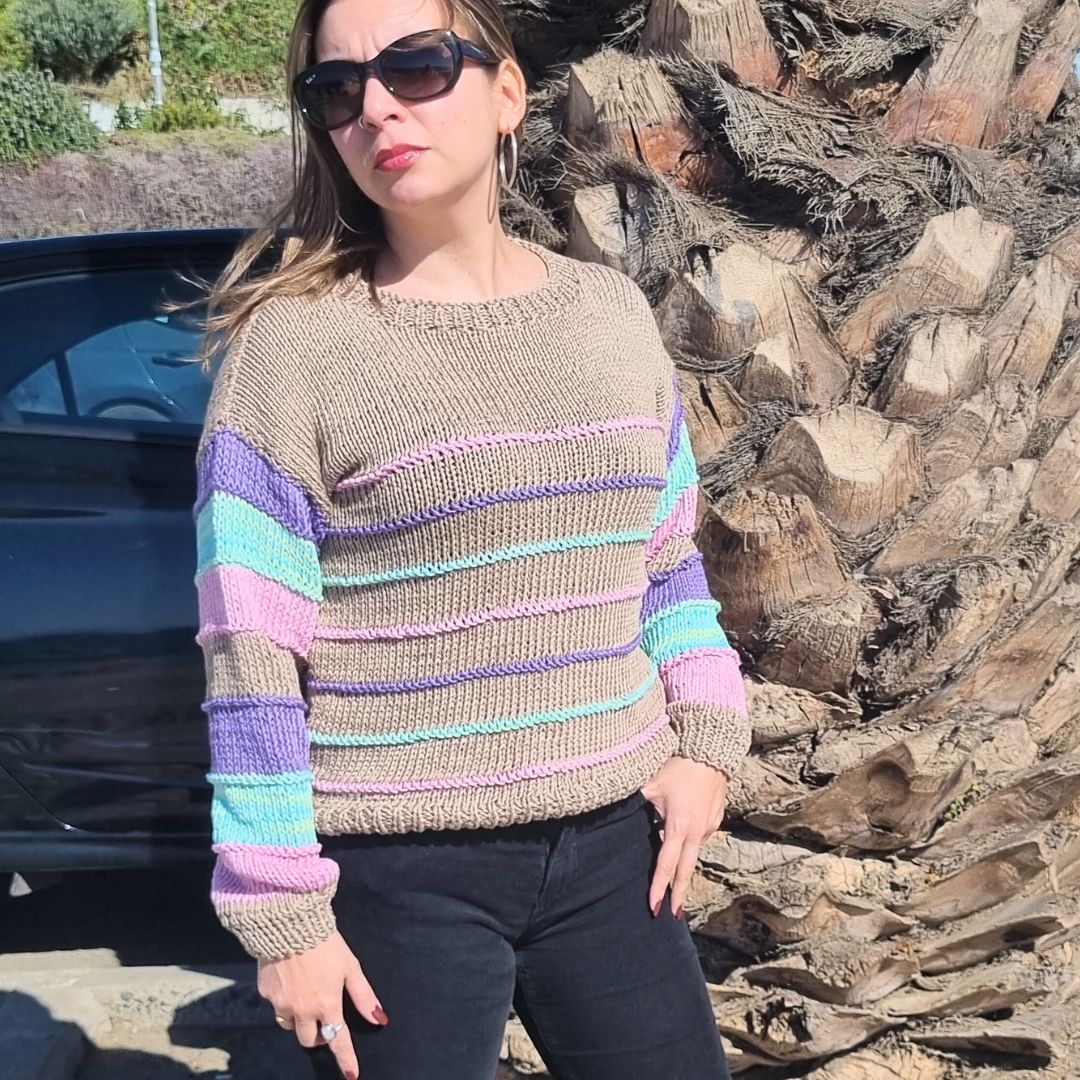 Chaleco Mujer Líneas Cuello Redondo Tejido a Mano