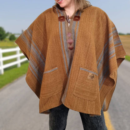 Poncho Mujer Café/Celeste con Capucha Tejido a Telar