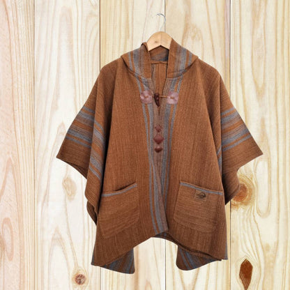 Poncho Mujer Café/Celeste con Capucha Tejido a Telar
