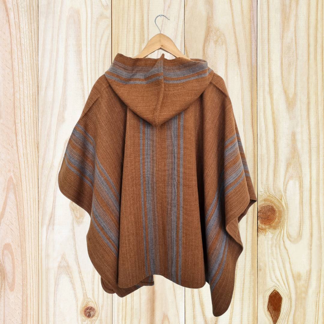 Poncho Mujer Café/Celeste con Capucha Tejido a Telar