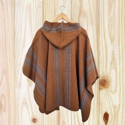 Poncho Mujer Café/Celeste con Capucha Tejido a Telar