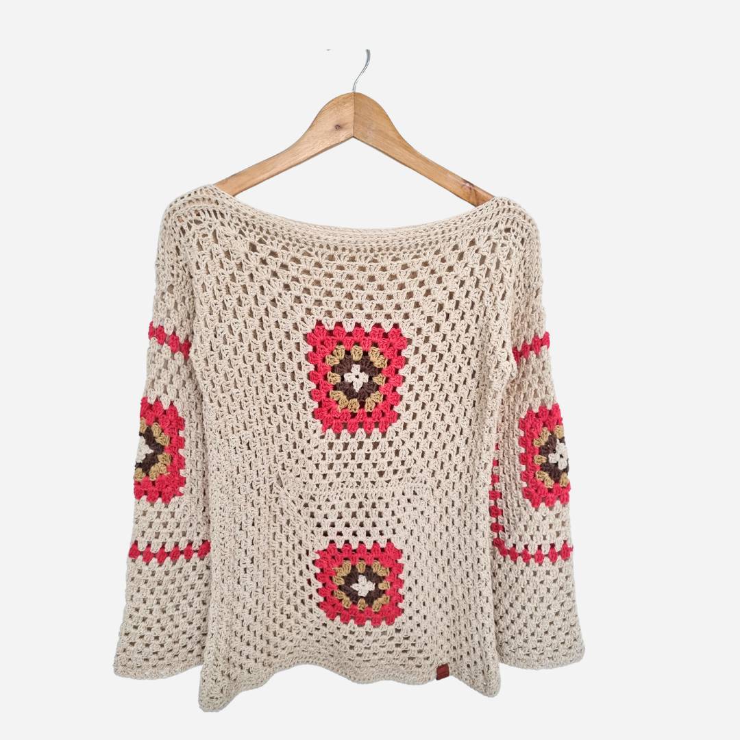 Chaleco Mujer Cuadros Crudo Cuello Bote Tejido a Mano