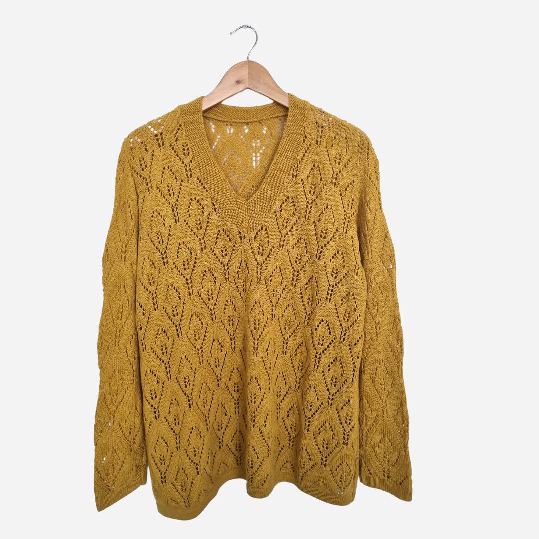 Sweater Mujer Calado Mostaza Cuello V Talla Única