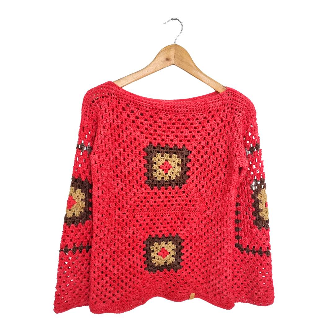 Chaleco Mujer Cuadros Coral Cuello Bote Tejido a Mano