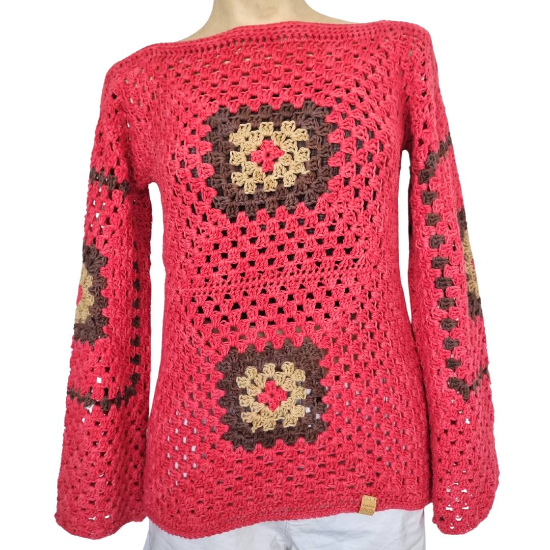 Chaleco Mujer Cuadros Coral Cuello Bote Tejido a Mano