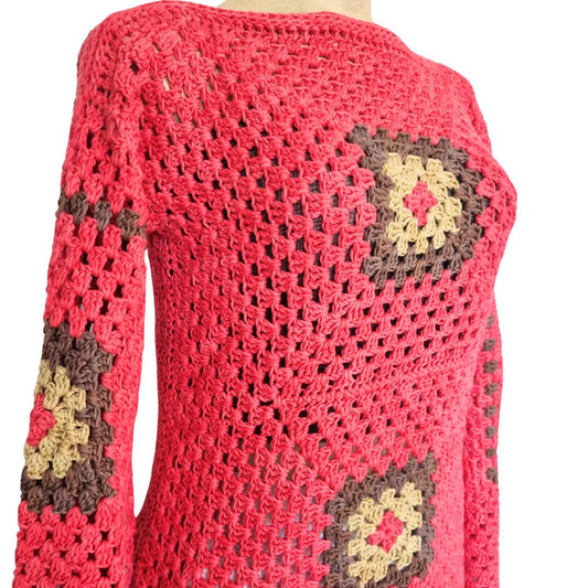 Chaleco Mujer Cuadros Coral Cuello Bote Tejido a Mano